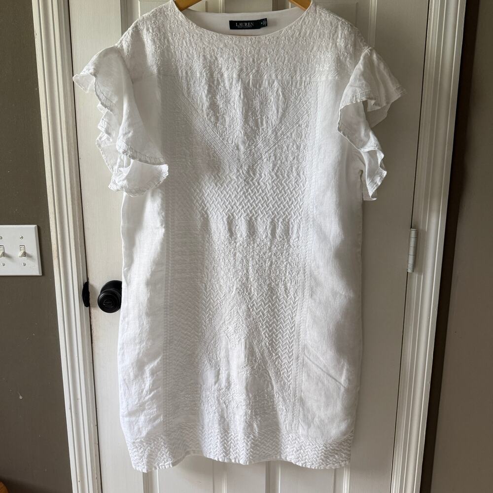Lauren Ralph Lauren White Linen Embroidered Shift Dress Size 12 Lined